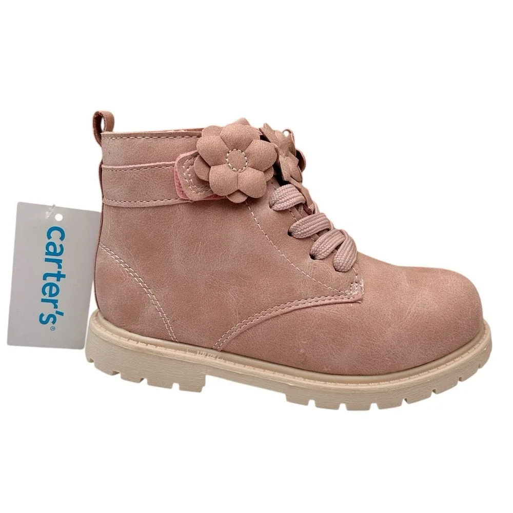 Carters Little Girls Slip-on Combat Ankle Boots Size‎ 12 Rose Pink Flower Strap